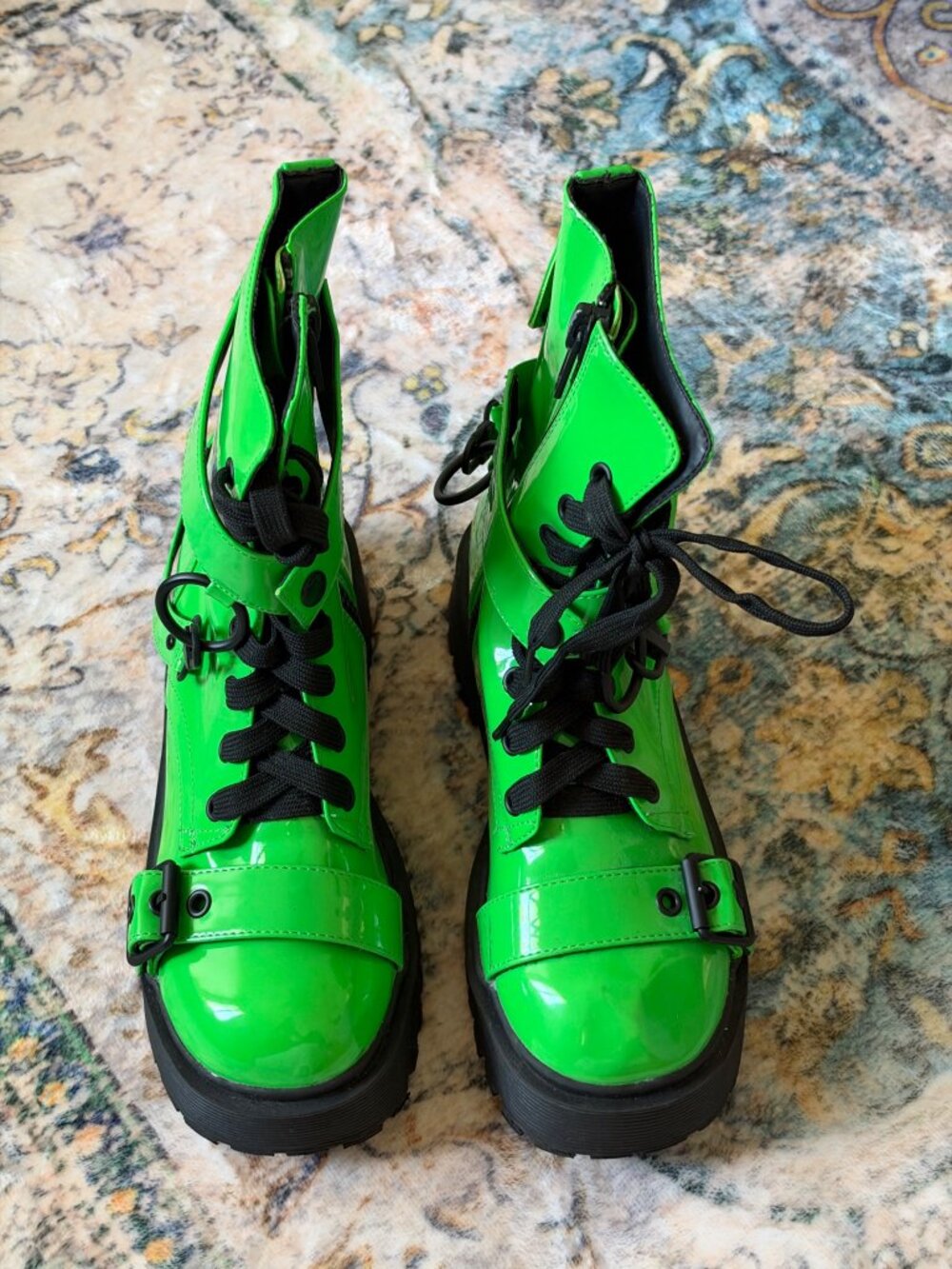 Current Mood Neon Green Patent Platform Combat Boots Size 7